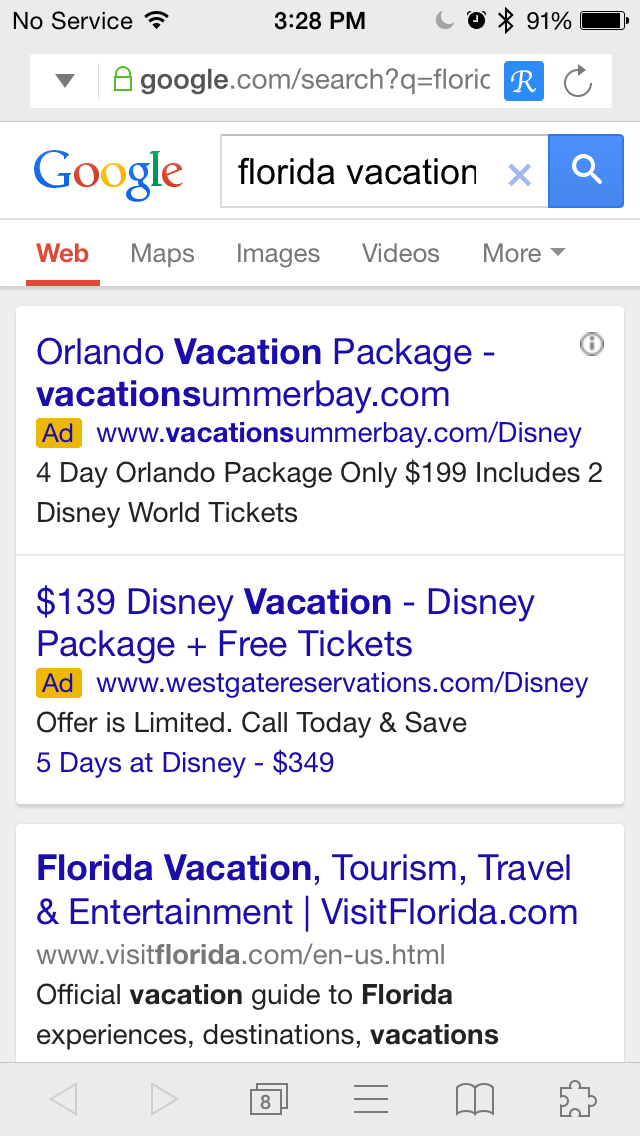Google search page for smartphones has one or two ads at the top of the page